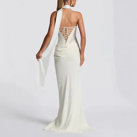 Damen Sexy Gerafft Tube Top Maxi Kleid Ärmellos Schal Detail Drapiert Formal Abend Party Gown Elegant Polyester Kleid