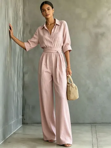 Damen Casual Halblange Ärmel Hemdkragen Jumpsuit Einfarbig Weites Bein Langer Einteiler Mit Bindegürtel Modebekleidung 2026 Sommer