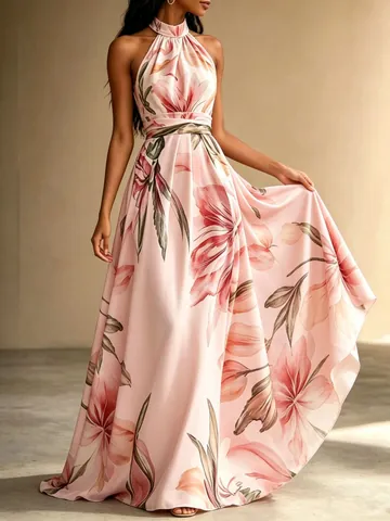 Eleganter Resort-Stil Neckholder Maxikleid Für Damen Blumenmuster Bedruckt Hohe Taille Kleid Lang Rückenfrei Großer Weiter Rock Kleid