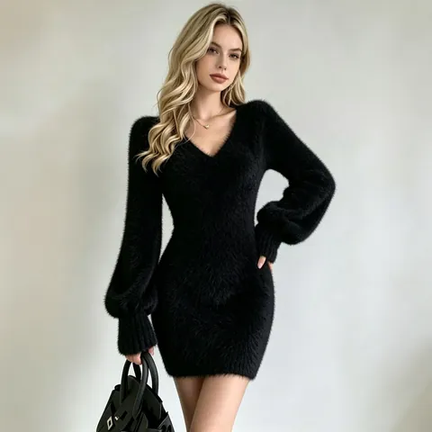Damen V-Ausschnitt Flauschiges Strickkleid Elegant Laternenärmel Langarm Slim Fit Einfarbig Warm Herbst Winter Bekleidung