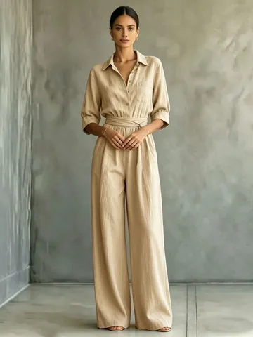 Damen Casual Halblange Ärmel Hemdkragen Jumpsuit Einfarbig Weites Bein Langer Einteiler Mit Bindegürtel Modebekleidung 2026 Sommer