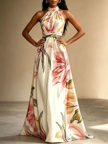 Eleganter Resort-Stil Neckholder Maxikleid Für Damen Blumenmuster Bedruckt Hohe Taille Kleid Lang Rückenfrei Großer Weiter Rock Kleid