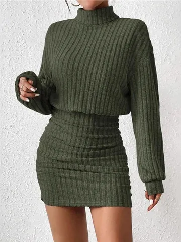 Vestido Mini Ajustado de Punto Acanalado de Manga Larga con Cuello Alto para Mujer Elegante Vestido de Suéter de Color Sólido Ajustado