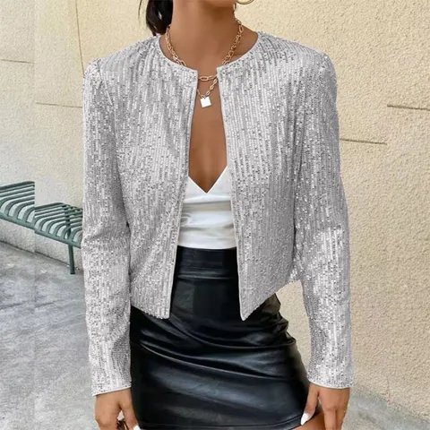 Women Fashion Sequin Jacket Short Stand Collar Open Front Sparkly Long Sleeve Casual Blazer Coat Streetwear Party Outerwear