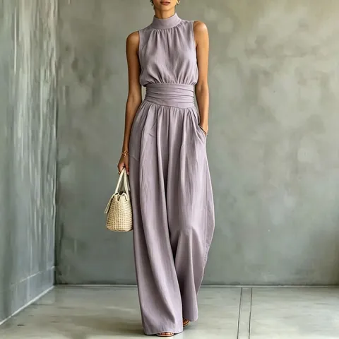 Tuta Estiva a Lupetto Senza Maniche a Gamba Larga da Donna Casual in Poliestere Tinta Unita Pieghe in Vita Pantaloni Lunghi alla Moda