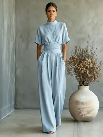 Women's Casual Mock Neck Short Sleeve Jumpsuit Solid Color Pleated High Waist Wide Leg Long Pant Polyester Fashion Overalls