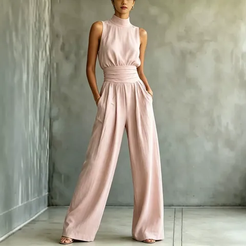 Tuta Estiva a Lupetto Senza Maniche a Gamba Larga da Donna Casual in Poliestere Tinta Unita Pieghe in Vita Pantaloni Lunghi alla Moda