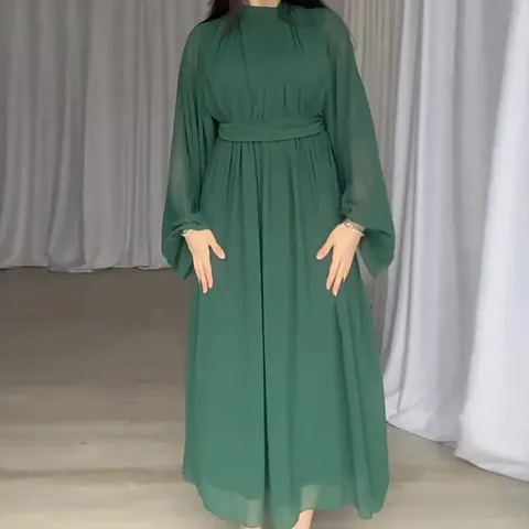 Women Elegant Mesh Patchwork Long Sleeve Maxi Dress Solid Color High Neck Pleated Waist A-Line Party Dress Fashion Outfits