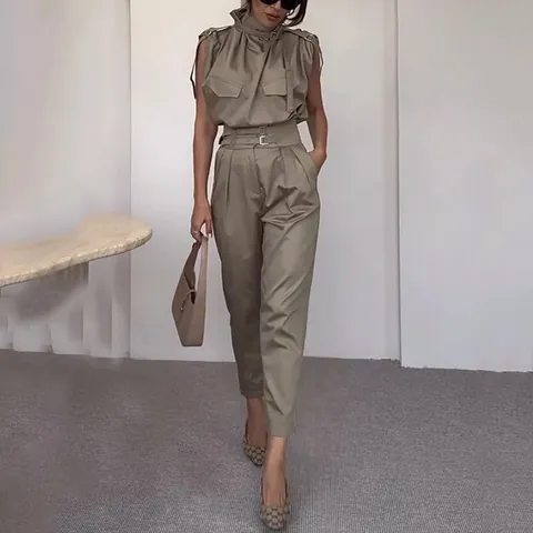 Conjunto De Top Y Pantalón Para Mujer Sin Mangas Cuello Alto Atuendo De Trabajo Utilitario Con Cinturón Trajes Casuales De Poliéster