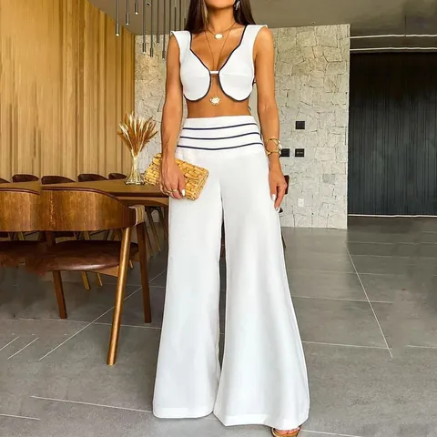 Traje Elegante para Mujer Chaleco Corto Escotado y Pantalón de Pata Ancha de Cintura Alta con Rayas de Contraste Top And Bottom