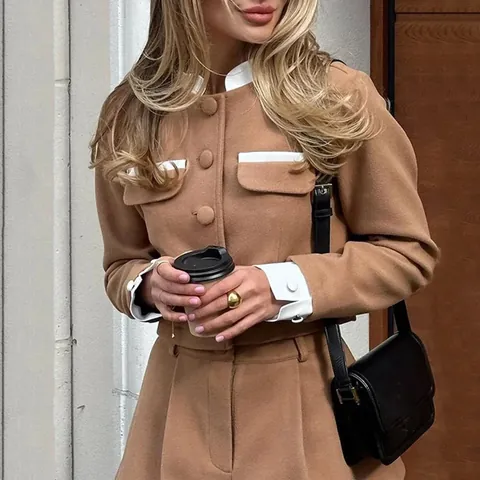 Γυναικείο Κομψό Σετ Φούστα με Αντίθεση Woolen Look Top And Bottom Στυλ Σανέλ Μακρυμάνικο Σακάκι Ψηλόμεση Φούστα Ρούχα