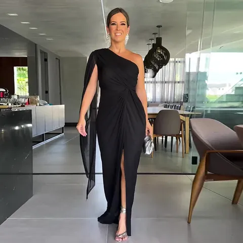 Women Elegant One Shoulder Slit Maxi Dress Solid Color Cape Sleeve Pleated Evening Party Cocktail Gown Mature Style Dress