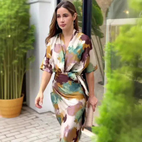 Women V Neck Printed Midi Dress Elegant High Waist Slim Fit Bodycon Summer Polyester Abstract Print Wrap Dress For Ladies