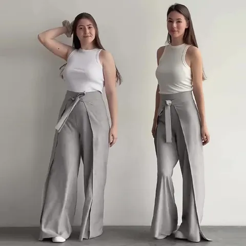 Women's Casual Polyester High Waist Lace Up Wide Leg Skirt Pants Solid Color Loose Culottes For Summer Vacation Daily Wear