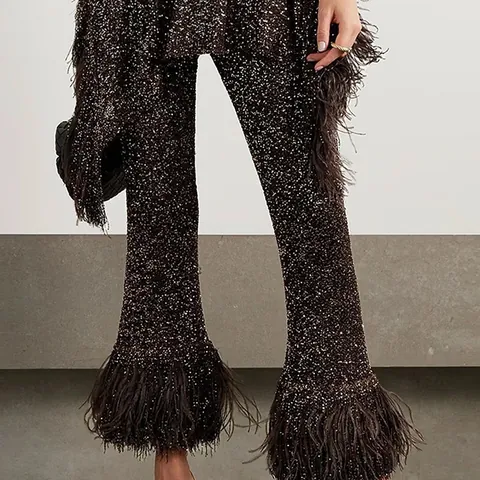 Women Elegant Heavy Sequin Tassel Top And Bottom Fashion Pullover And Wide Leg Pants Evening Party Clubwear Outfit