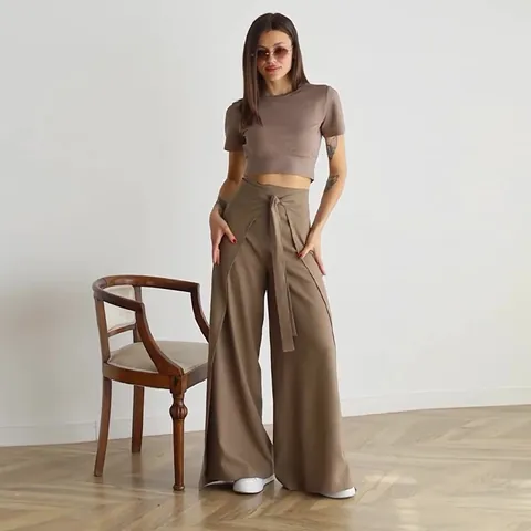 Women's Casual Polyester High Waist Lace Up Wide Leg Skirt Pants Solid Color Loose Culottes For Summer Vacation Daily Wear