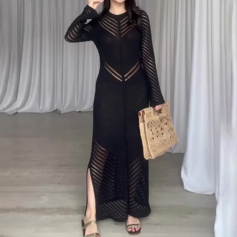 Women Sexy Knitted Hollow Out Maxi Dress Bodycon High Waist Cami Long Dress Elegant Solid Color Slit Party Clubwear