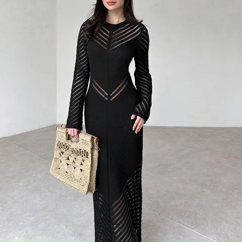 Women Sexy Knitted Hollow Out Maxi Dress Bodycon High Waist Cami Long Dress Elegant Solid Color Slit Party Clubwear