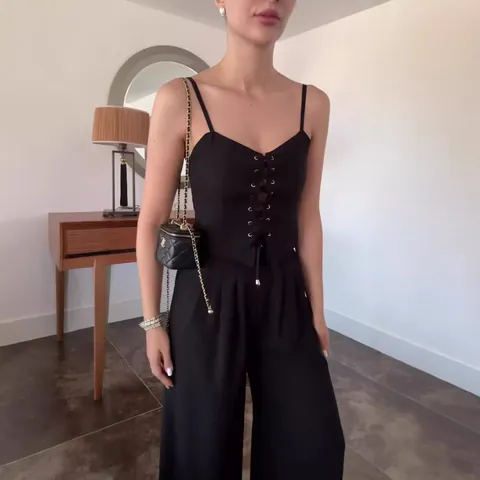 Damen Sexy Schnürung Ausschnitt Cami Top Und Weites Bein Hose Polyester Zweiteiliges Outfit Sommer Lässiges Urlaub Passendes Set