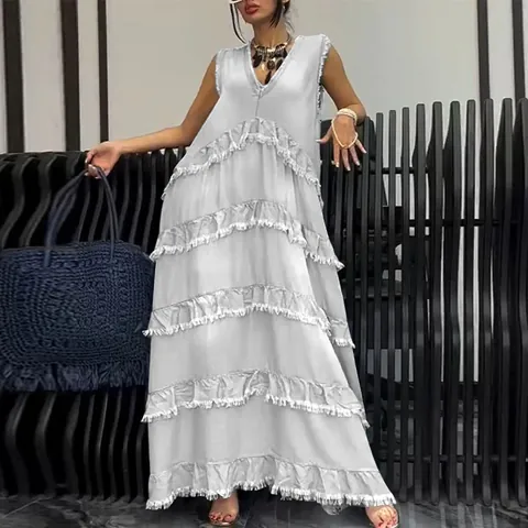 Damen V-Ausschnitt Ärmellos Denim Maxi Kleid Ausgefranste Kanten Stufen Patchwork Einfarbig Sommer Mode Boho Casual Langes Kleid