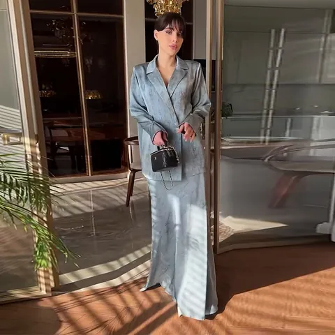 Ensemble Tailleur Femme Élégant en Polyester Veste à Revers Manches Longues à Bouton Unique et Jupe Longue Assortie Top et Bottom pour Bureau Banquet