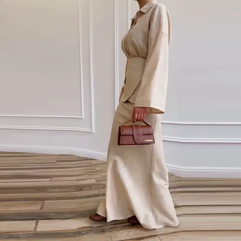 Women Lapel Long Sleeve Top And Bottom Polyester Slim Fit Maxi Skirt Set Elegant Commuter Minimalist Style Outfit