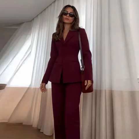 Damen Slim Fit V-Ausschnitt Blazer Und Hosenset Polyester Langarm Büro Pendeln Zwei Teile Outfit Top And Bottom