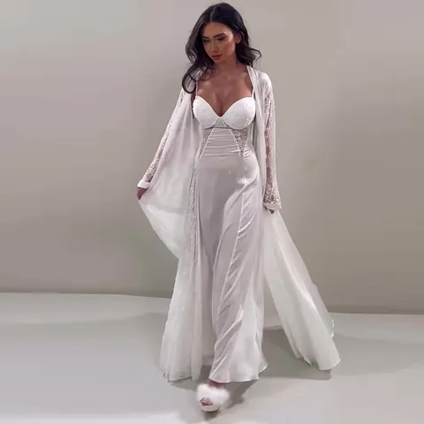 Femmes Français Élégant Blanc Satin Robe Et Fond de Robe Top Et Bottom Manches Longues Dentelle Patchwork Vêtements de Nuit