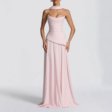 Women Summer Elegant Two-Piece Set Tube Top Back Lace-Up Waist Cinching Long Skirt With Matching Choker Solid Color Polyester