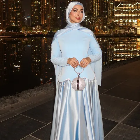 Light Blue Elegant Long Skirt Top With Hijab For Women Slim Fit Modest Fashion Satin Look Polyester Evening Dress