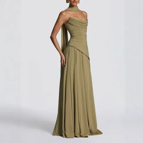 Women Summer Elegant Two-Piece Set Tube Top Back Lace-Up Waist Cinching Long Skirt With Matching Choker Solid Color Polyester