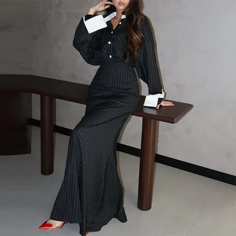 Women Striped Long Sleeve Shirt And Fishtail Maxi Skirt Top And Bottom Set Elegant Office Lady Patchwork Contrast Outfit