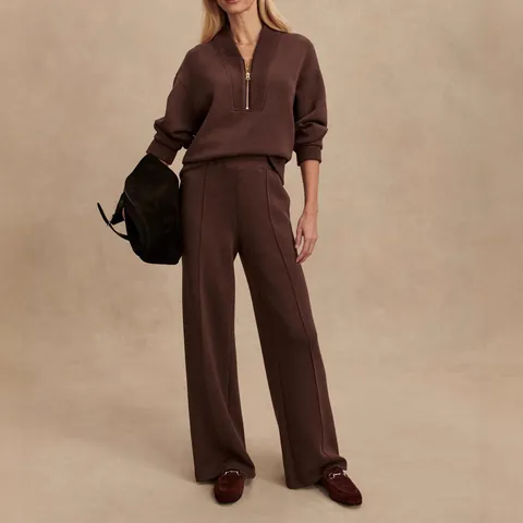 Women's Knitted Top And Bottom Set Half Zip Long Sleeve Pullover High Waist Wide Leg Pants Casual Solid Color Outfits