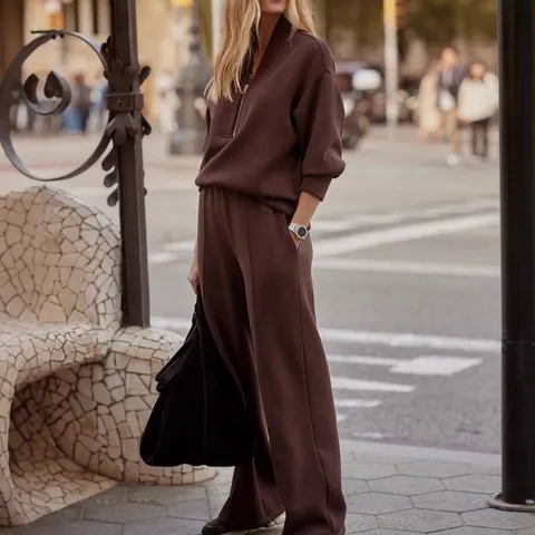 Women's Knitted Top And Bottom Set Half Zip Long Sleeve Pullover High Waist Wide Leg Pants Casual Solid Color Outfits