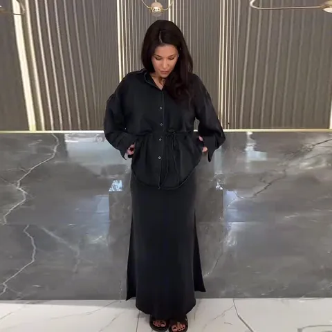 Mujeres Top And Bottom Casual Poliéster Camisa de Manga Larga y Falda Larga Conjunto Con Cinturón para Otoño Estilo Occidental
