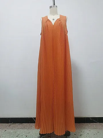 Women's Plus Size Pleated Maxi Dress Sleeveless V-Neck Loose Casual Summer Polyester Floor-Length Flowy Gown For Party Daily