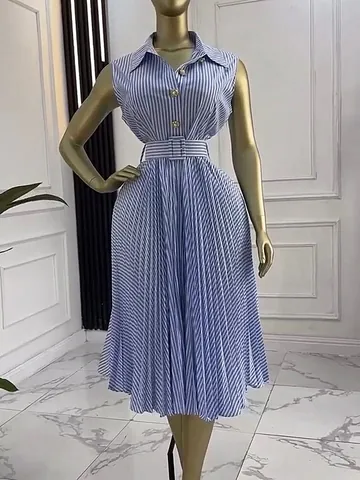 Vestito Midi a Pieghe da Donna Senza Maniche a Righe Elegante con Rever e Cintura Poliestere A-Line Ufficio