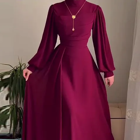 Damen Elegant Einfarbig Polyester Maxikleid Langarm Hochgeschlossen Tailliert Schmale Passform Einfaches Abendpartykleid