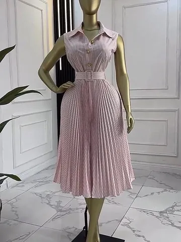Vestito Midi a Pieghe da Donna Senza Maniche a Righe Elegante con Rever e Cintura Poliestere A-Line Ufficio