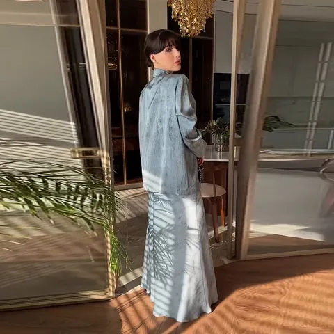 Ensemble Tailleur Femme Élégant en Polyester Veste à Revers Manches Longues à Bouton Unique et Jupe Longue Assortie Top et Bottom pour Bureau Banquet
