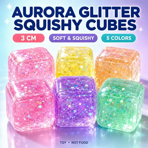 Aurora Glitter Squishy Decompression Cube Ice Cube Shape Star Sequins TPR Soft Stress Relief Toy For Office Daily Relax