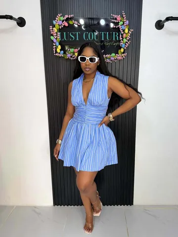 Women's Polyester Sleeveless V-Neck Striped Ruched Mini Dress Backless A-Line Waist Cinched Summer Beach Vacation Sun Dress