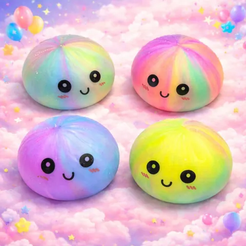 Simulation Bun Squishy Toy Rainbow Cartoon Steamer Dumpling Stress Relief Squeeze Toy for Kids Adults Office Desk Sensory Toy