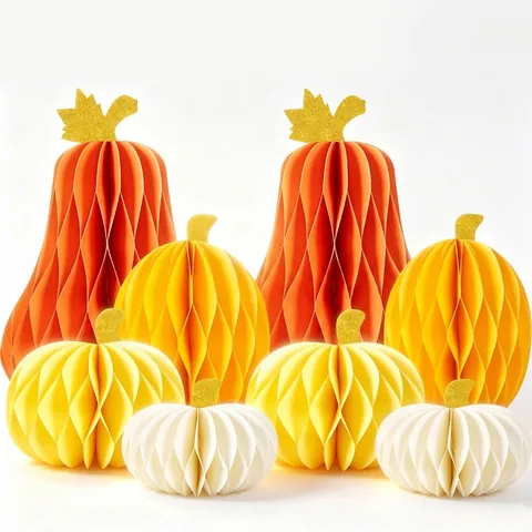 Thanksgiving Pumpkin Honeycomb Ball Decoration Set Autumn Harvest Party Desktop Ornament Paper Pumpkin Table Decor