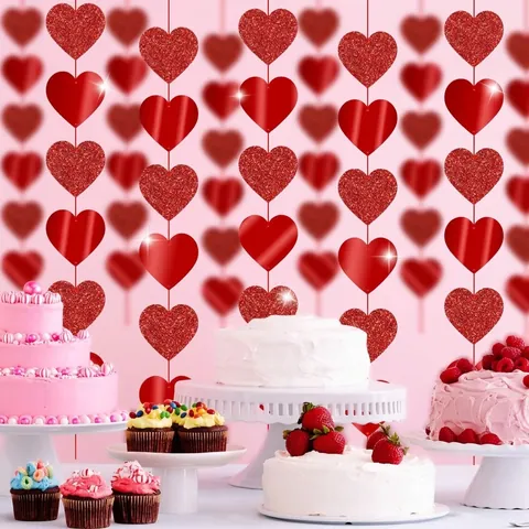 Guirlandes Suspendues Cœur Laser Rouge Pour Saint-Valentin Mariage Fête Plastique Miroir Paillettes Cœur Guirlandes Décoration