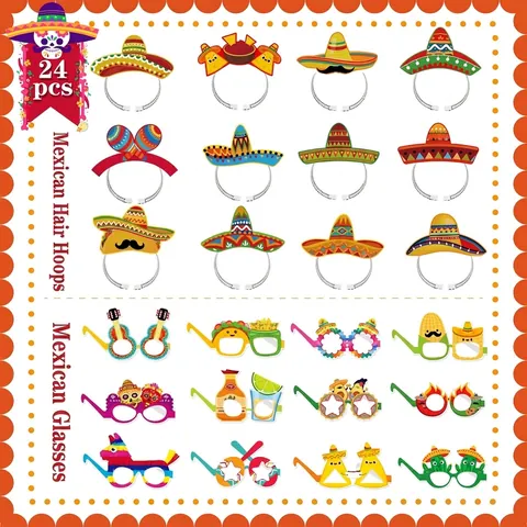 Mexican Fiesta Day Of The Dead Party Headband Glasses Set Photo Booth Props Sombrero Cactus Taco Paper Accessories For Holiday Celebration