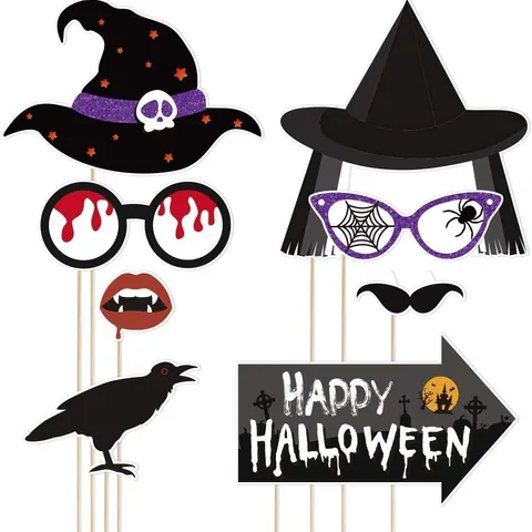 Halloween Fotobooth Oggetti di Scena Strega Teschio Zucca Carta Brillantini Carte a Mano Decorazioni Festa Costume