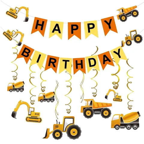 Cartoon Construction Vehicle Birthday Party Decoration Set Excavator Banner And Hanging Swirls For Kids Event Party Supplies