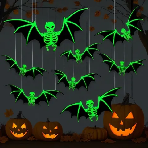 Halloween Luminous Skeleton Bat Hanging Decoration Fluorescent Green Glow Bat Ornament For Haunted House Party Props