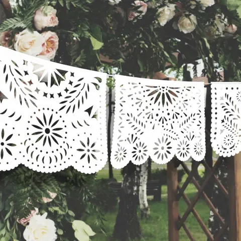 Μεξικάνικο Στυλ Papel Picado Λευκό Πλαστικό Διάτρητο Λάβαρο Για Εξωτερική Διακόσμηση Γάμου Πάρτι Γεωμετρικές Γιρλάντες